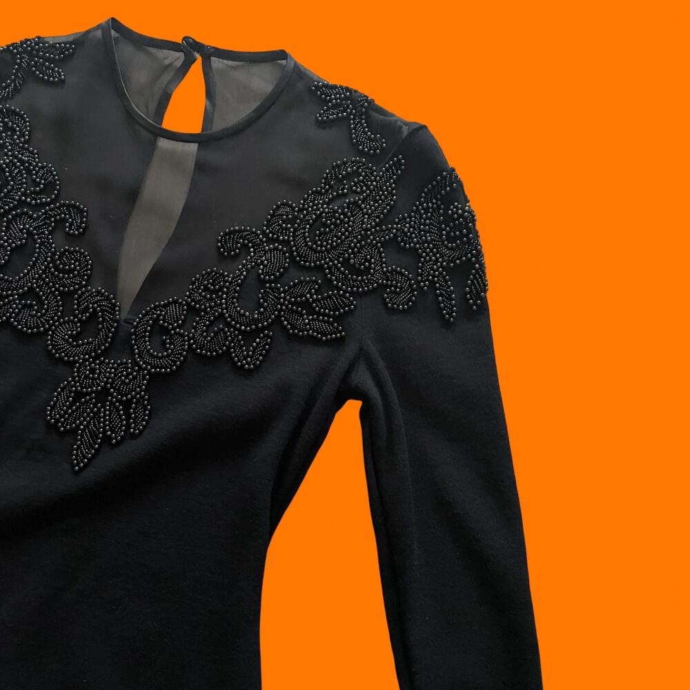90's vintage black wool blend high neck mesh beaded bodycon mini dress SMALL - Picture 3 of 7